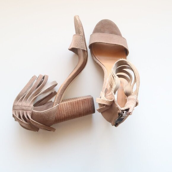 BCBGeneration Cydney Fringe Trimmed Taupe Suede Sandals Block Heels Women Size 6 - Picture 14 of 16